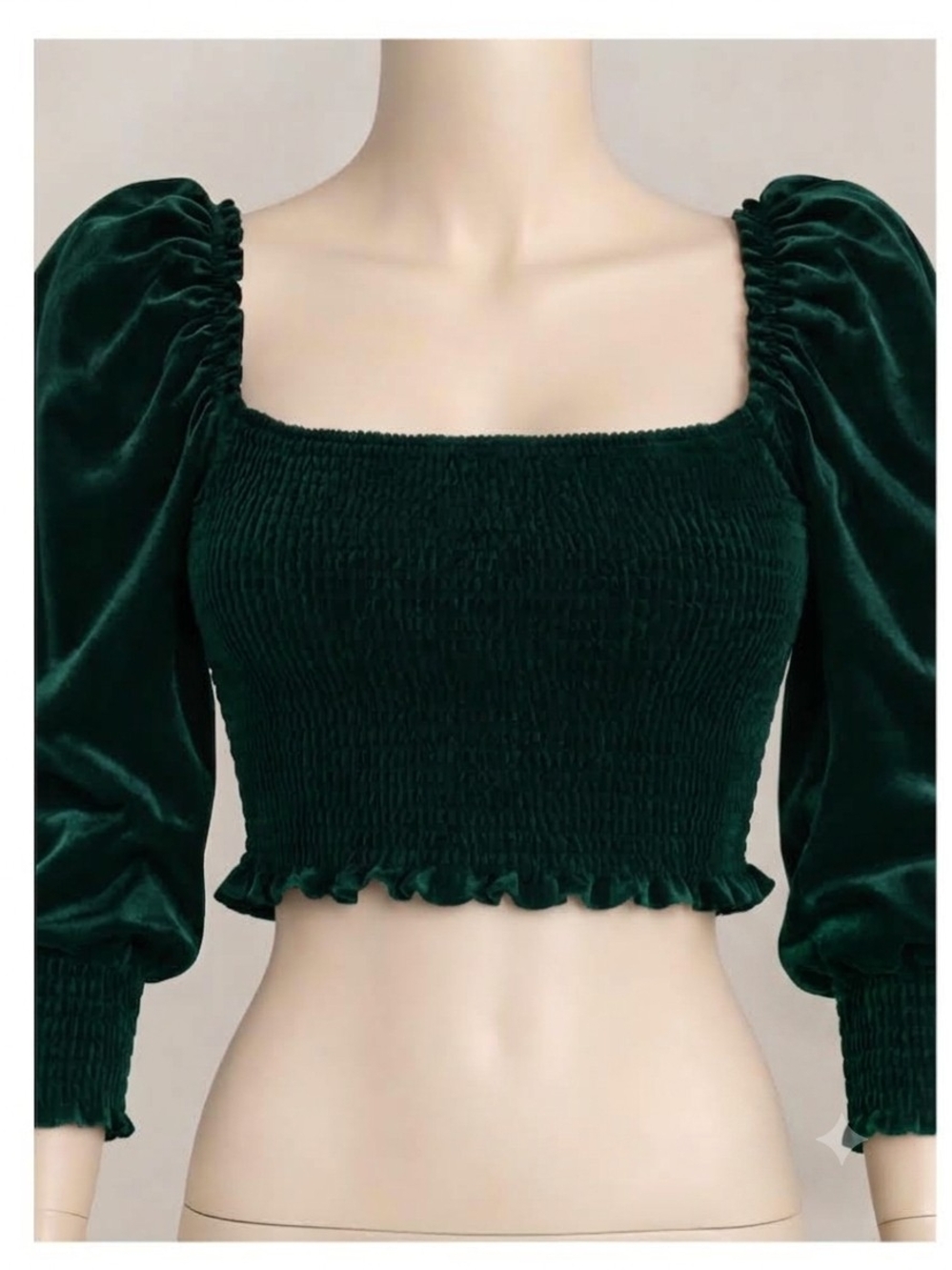 Gianni Bini Emerald Green Smocked Velvet Puff Sleeve Crop Top